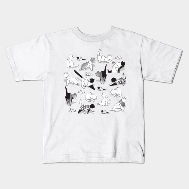 Origami kitten friends // black background black and white paper cats Kids T-Shirt by SelmaCardoso